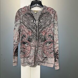 ONE WORLD Gray and Pink Patterned Hoodie Embellished